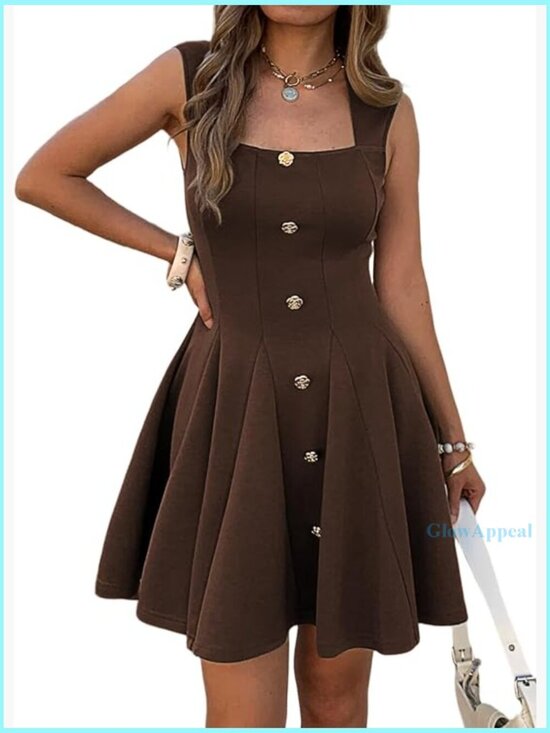 Dresses & Skirts - Sleeveless Square Neck A-Line Dress with Pockets for Work Casual Cocktail
